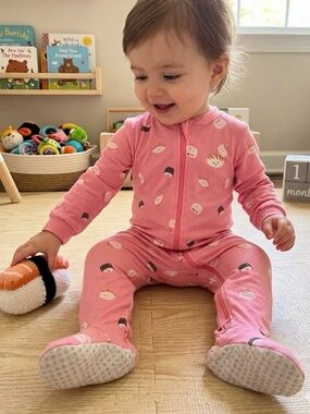 Pekkle Kids Pink Footed One-Piece Pajamas with sushi pattern 18 months